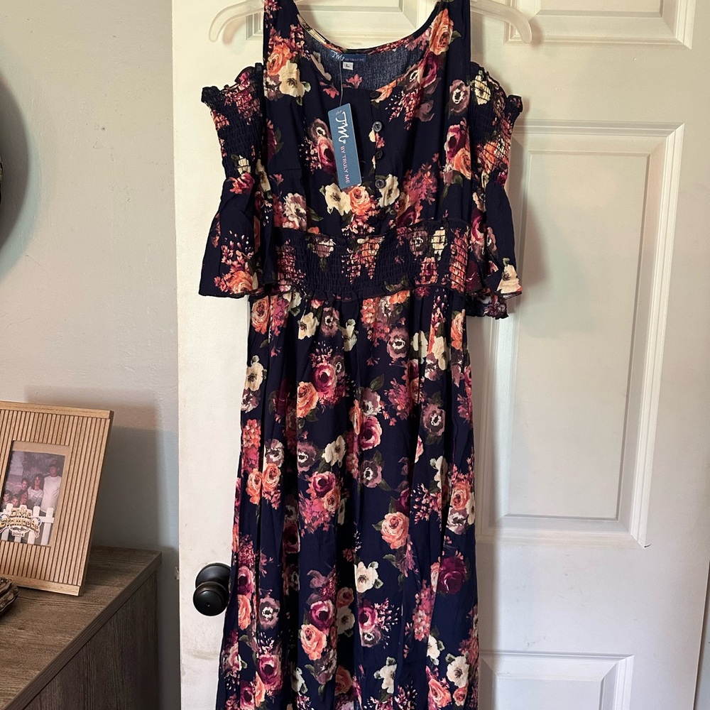 Truly Me Floral Midi Dress - Navy and Pink